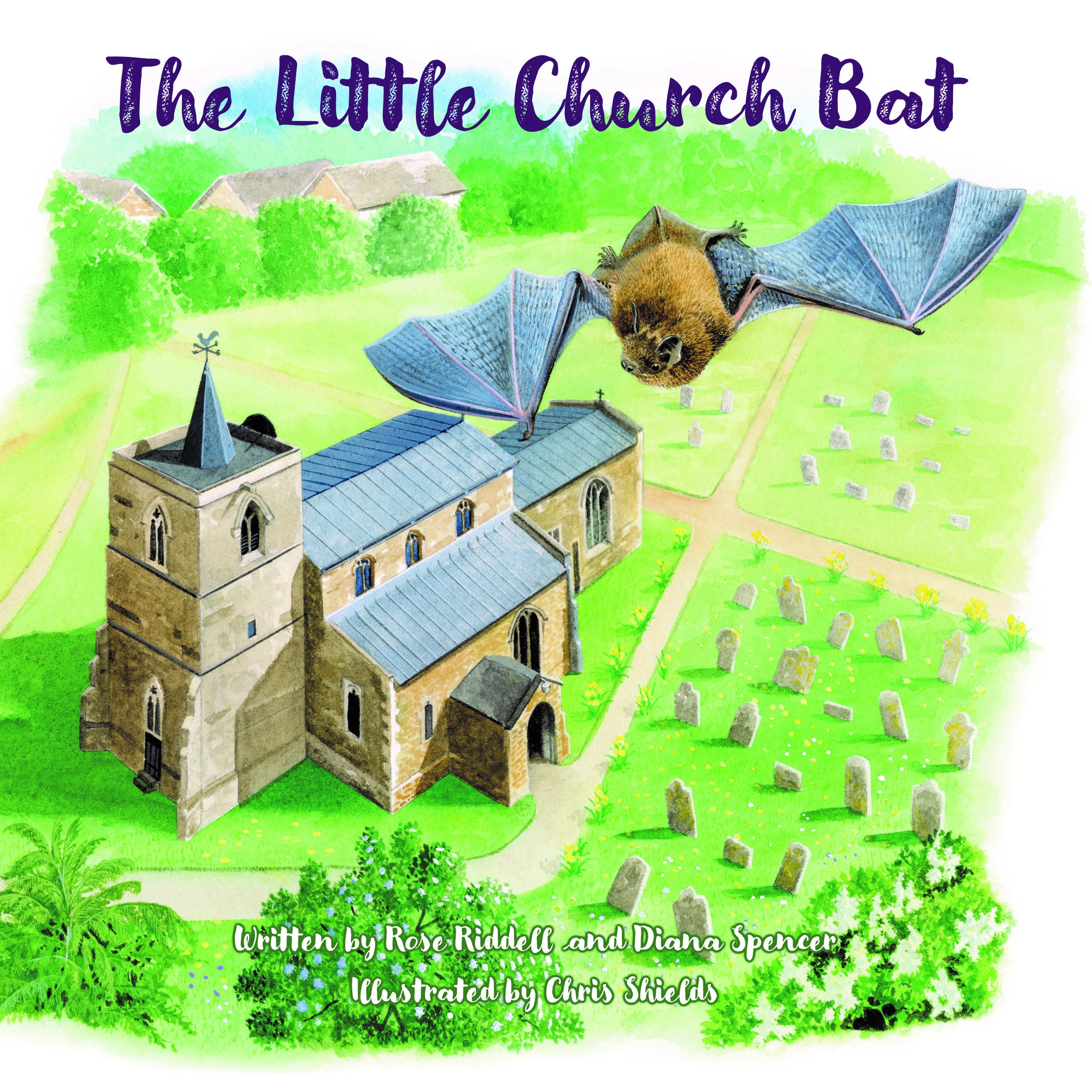 Cover of the Little Church Bat book featuring a watercolour of bats at Braunston church