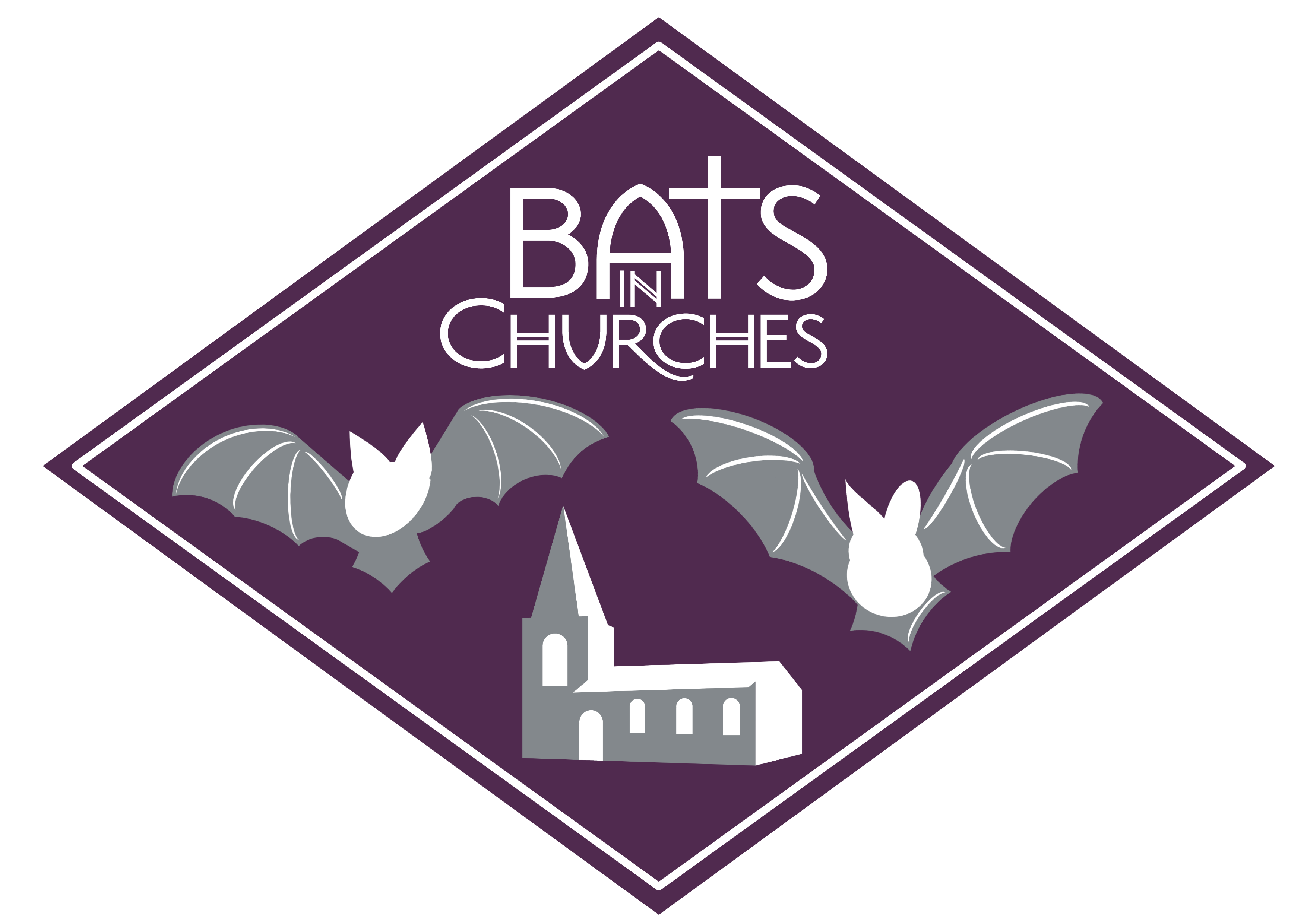 Diamond shaped woven badge with bats and a church
