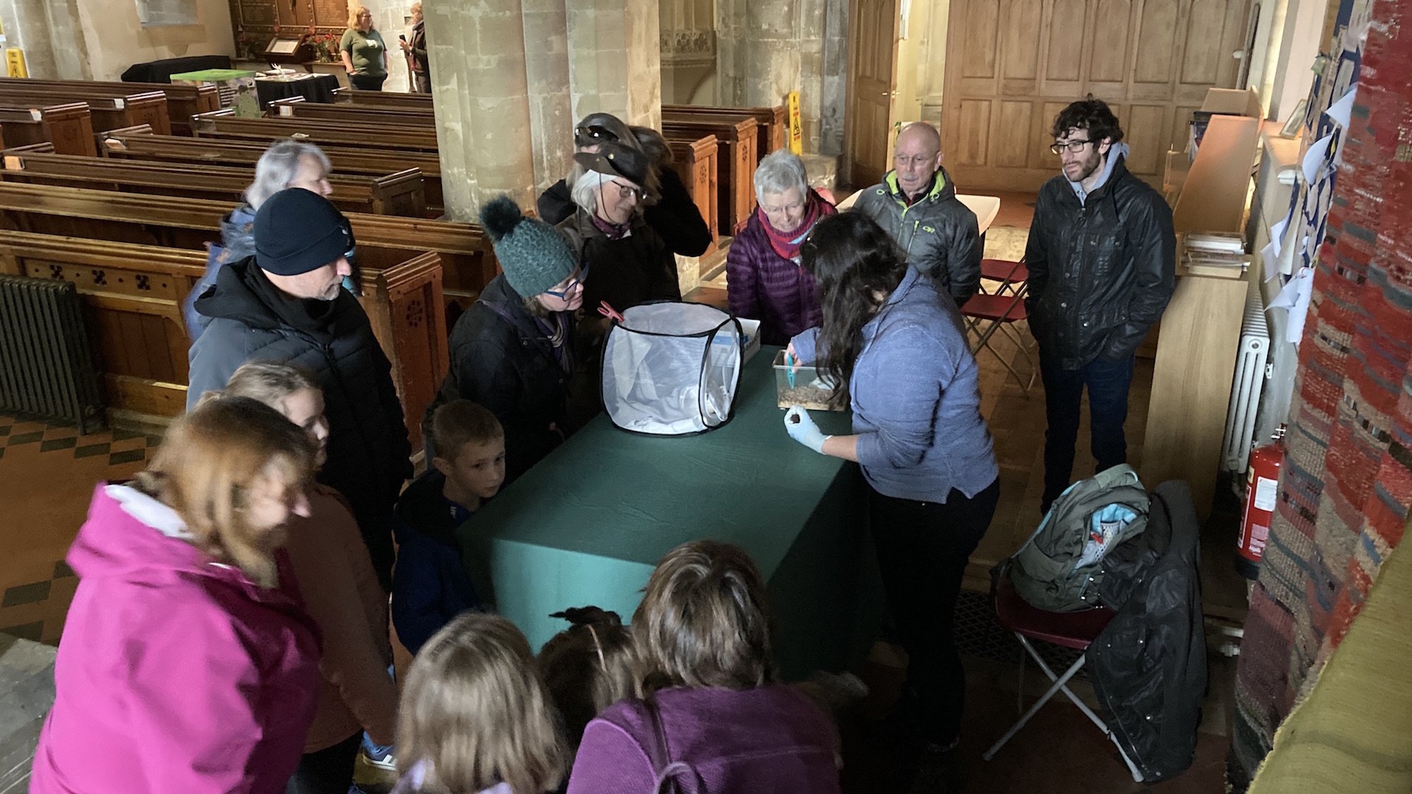A group of people meeting Griff the educational bat at St Sampson's Church