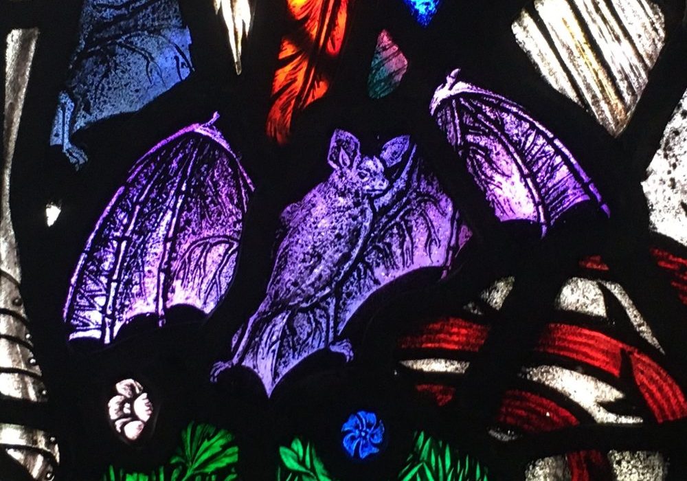 Detial of stained glass window with a bat