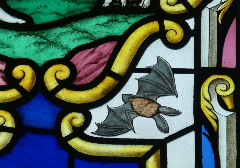 A stained glass window showing a brown long eared bat against clear glass surrounded by yellow scrolls