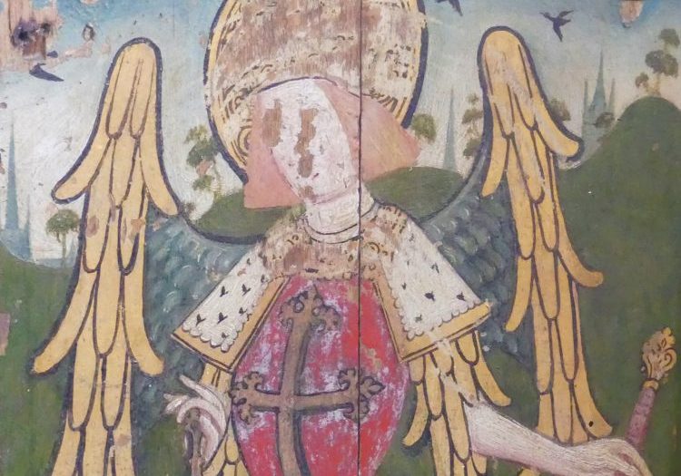 Detail from a painted screen showing a winged angel with a sword, the angel's face has been scratched out